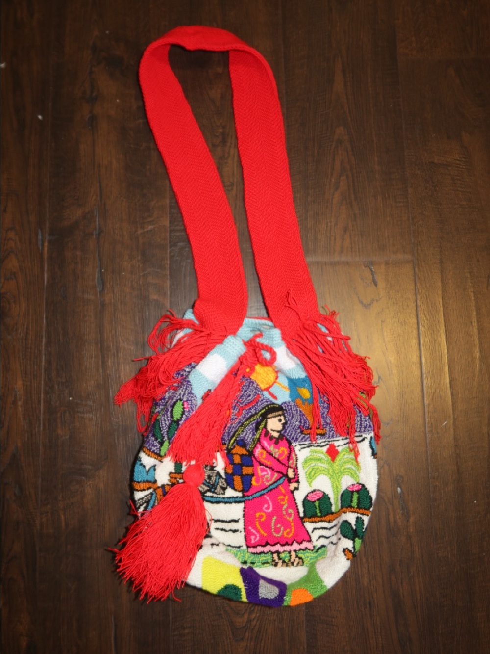 Handmade Red Patterned Crossbody Bag with Folk Art Design
